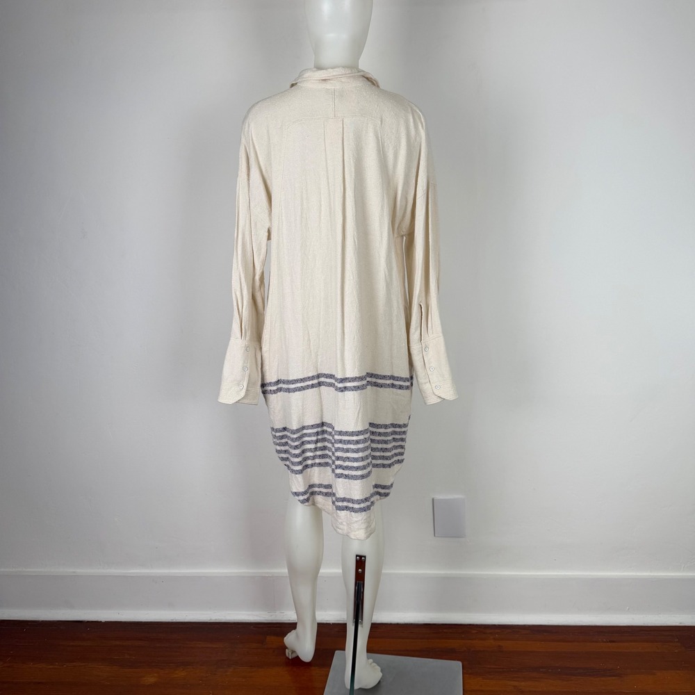 Free People Women Cream Blue Striped Henley Tunic Dress Pockets Large L - Picture 7 of 16